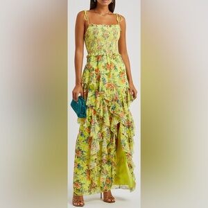 alice + olivia jocelyn ruffle maxi dress in floral express lemon sorbet | size 4